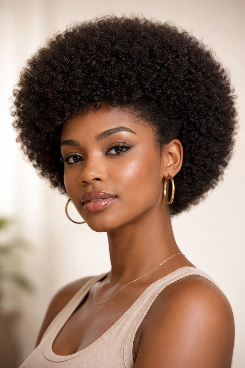 Rounded afro with clean edges and hydrated coils