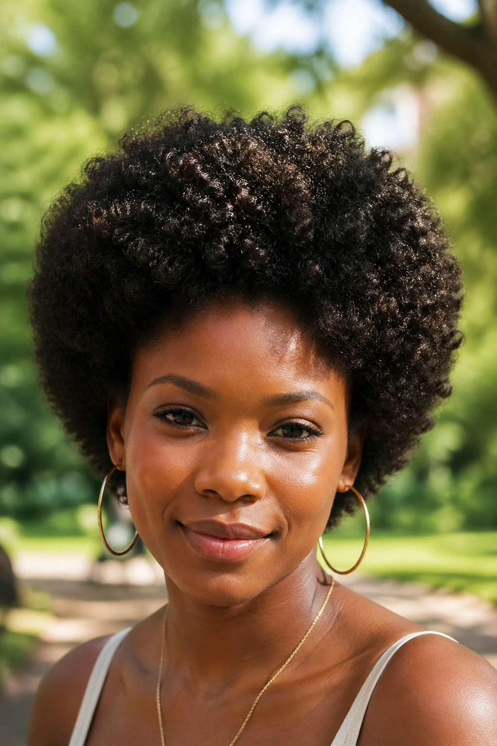 Close-up of a real person with a kinky-curly rounded afro crochet hairstyle