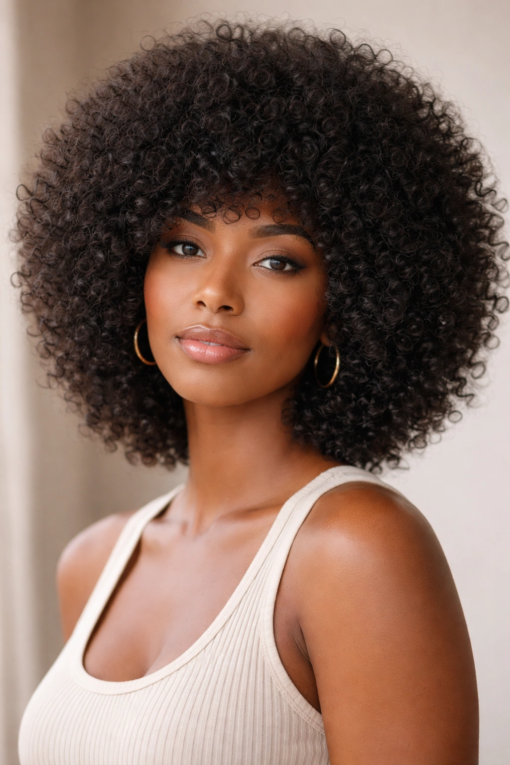 Rounded medium afro wig with layered ends on head form