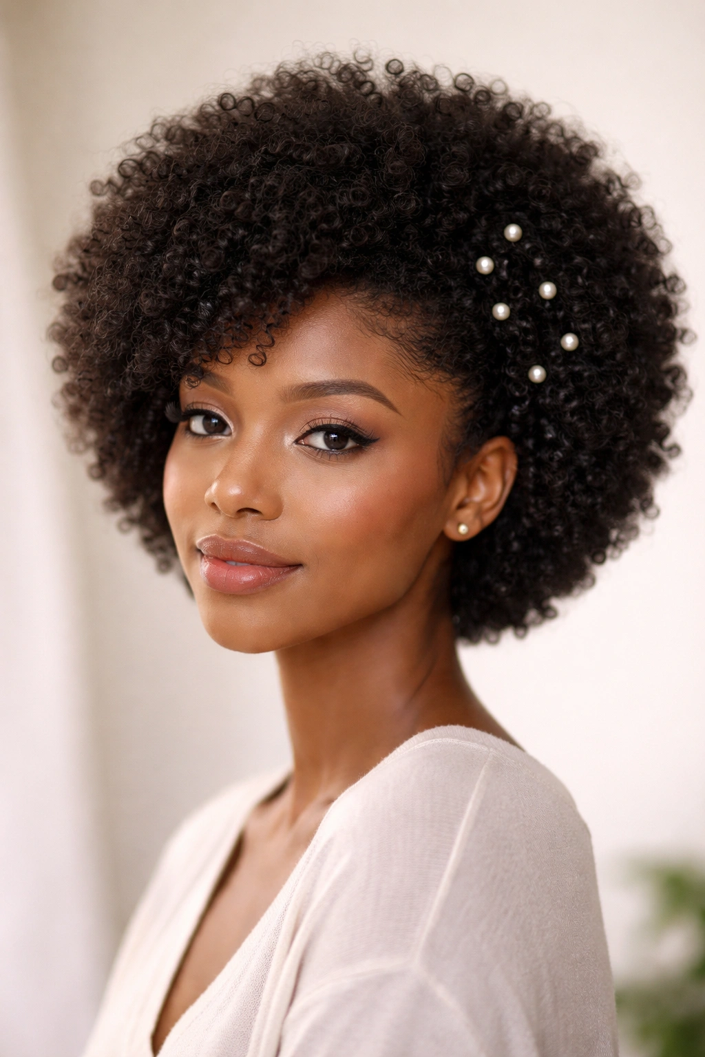 Rounded afro hairstyle with pearl pins at the temple