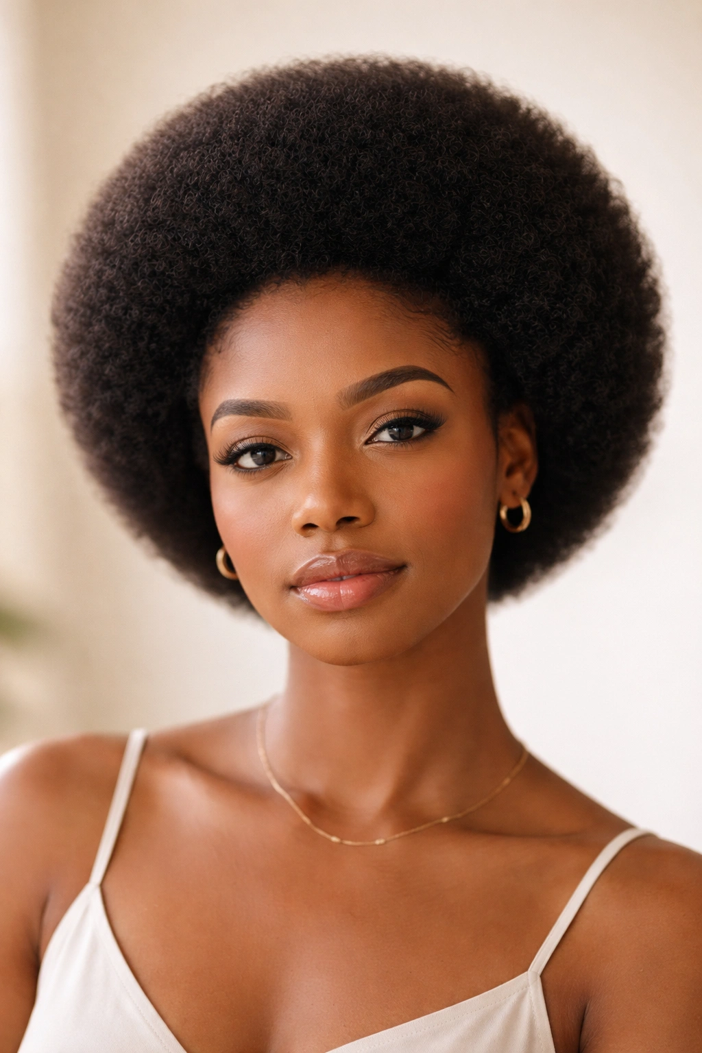 Rounded short afro with even perimeter and lifted crown