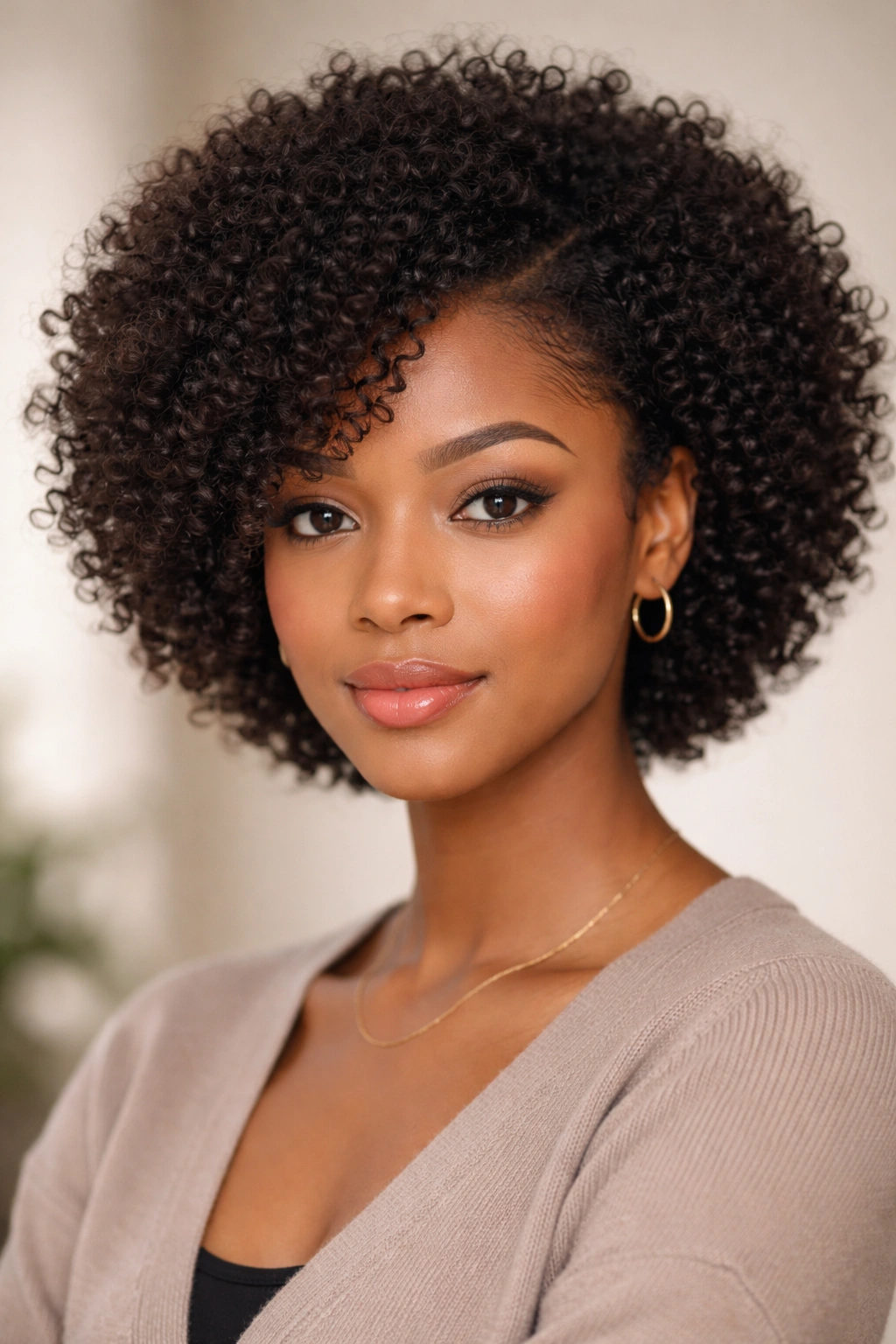 Rounded curly afro with a soft side part in a three-quarter view