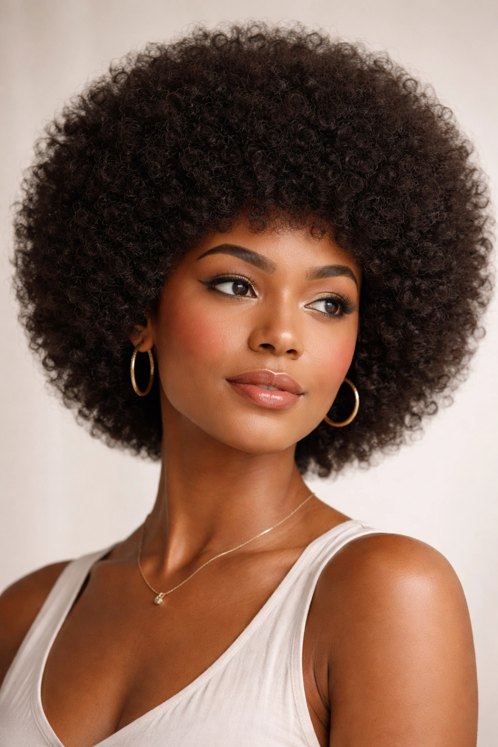 Close-up of a rounded afro hairstyle with soft edges and lifted crown.