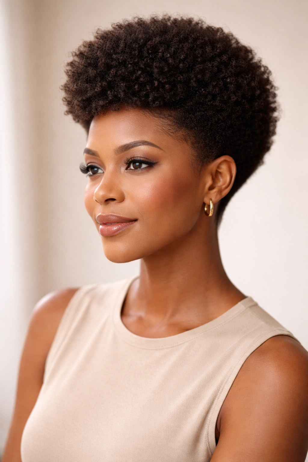 Close-up portrait of a person with a classic rounded tapered Afro showing a soft dome on top and cropped sides.