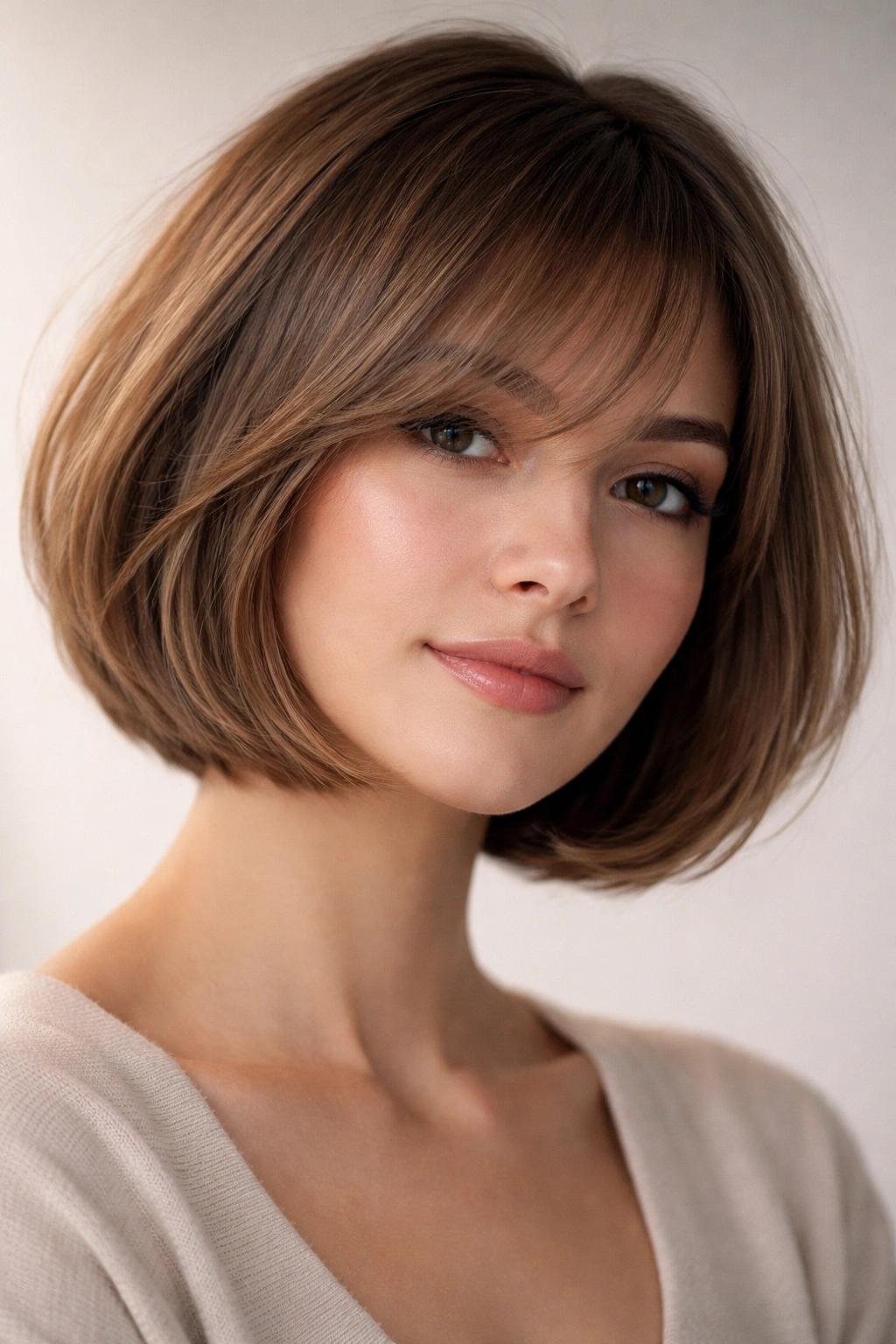 Rounded bob with airy side bangs close-up showing soft arc and light fringe