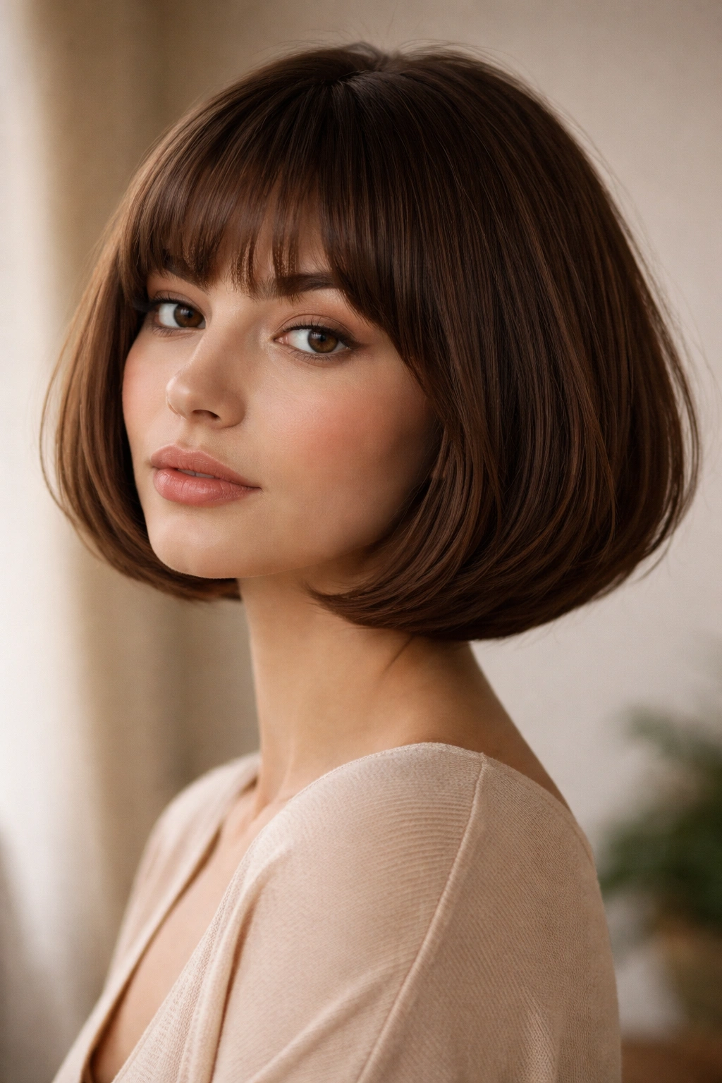 Close-up of rounded bob with arched bangs on a model, soft jawline framing
