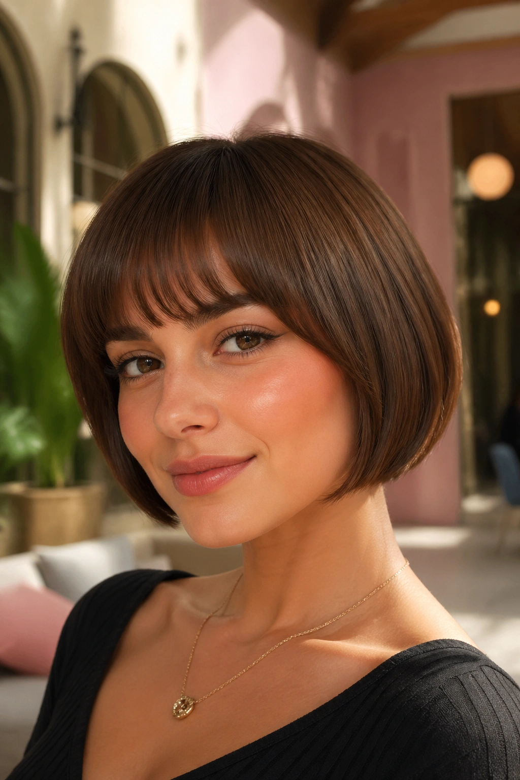 Close-up of a person with a rounded bob and arched bangs in a sunlit lobby