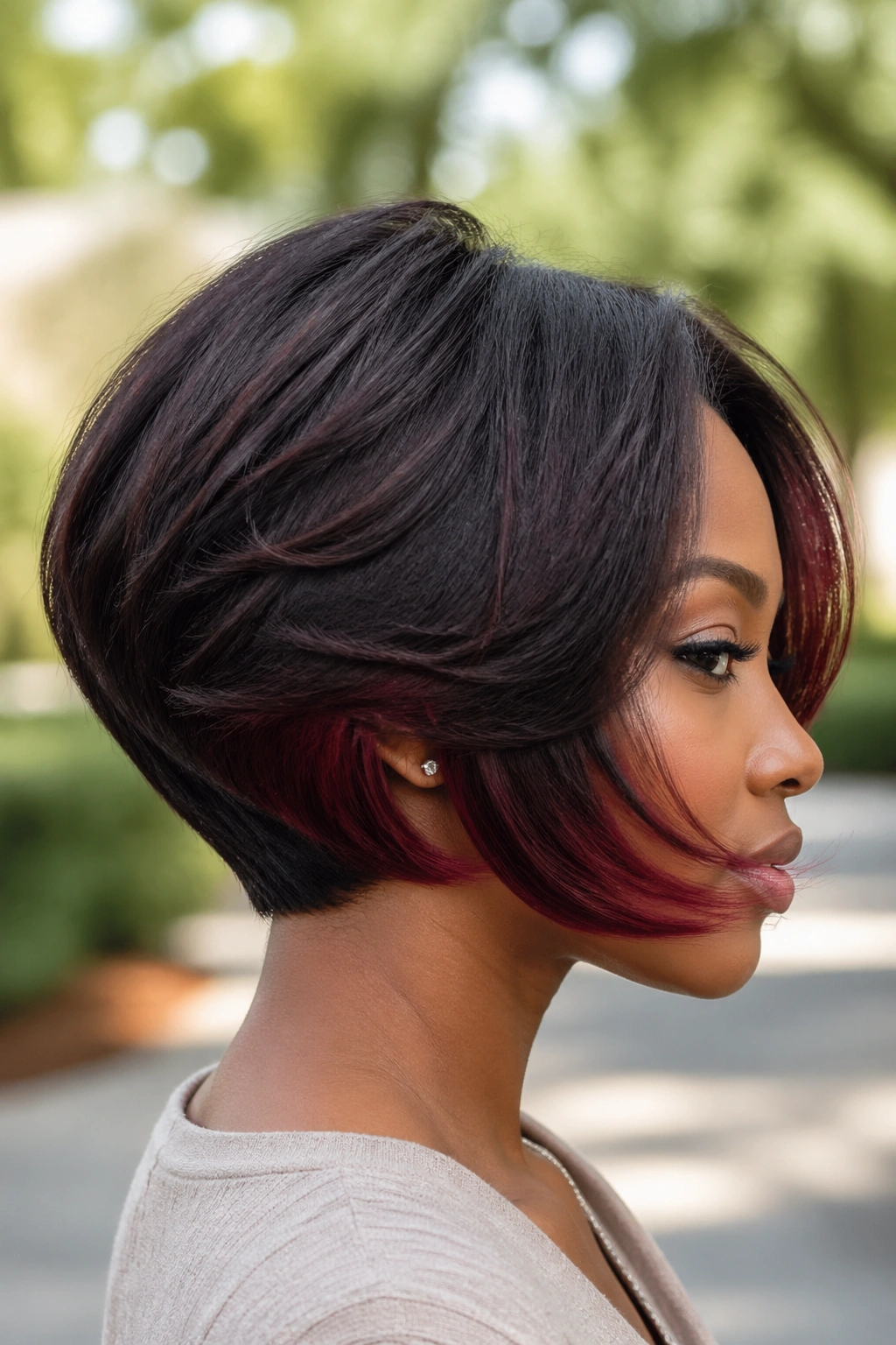Close-up of a real woman with rounded tapered bob and burgundy underlayer