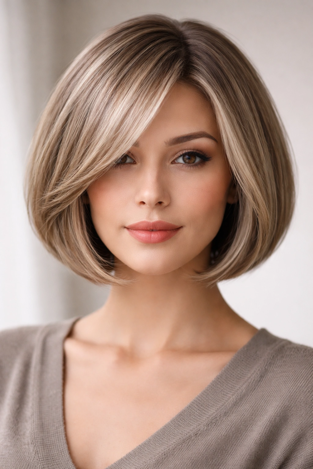 Rounded bob with champagne-ash highlights for soft glow