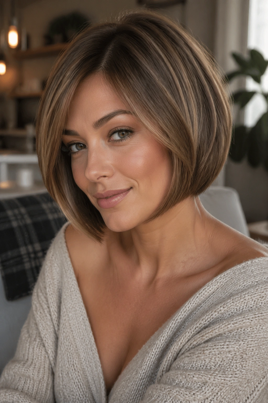 Close-up of a real woman with a rounded bob that lifts the cheekbones