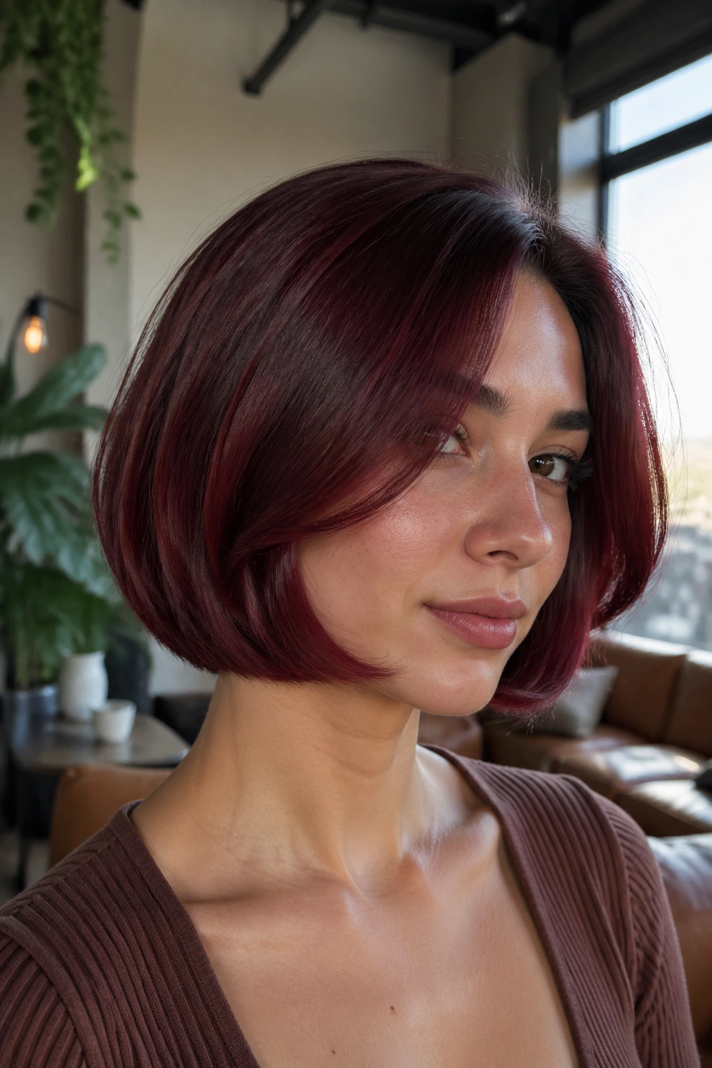 Close-up portrait of a real woman with Rounded Bob with Cherry Cola Color hair