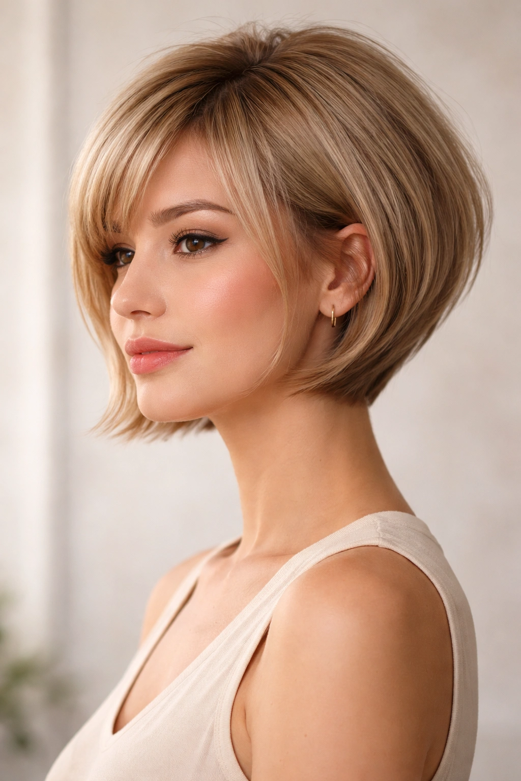 Rounded bob with soft crown volume creating a plush silhouette.