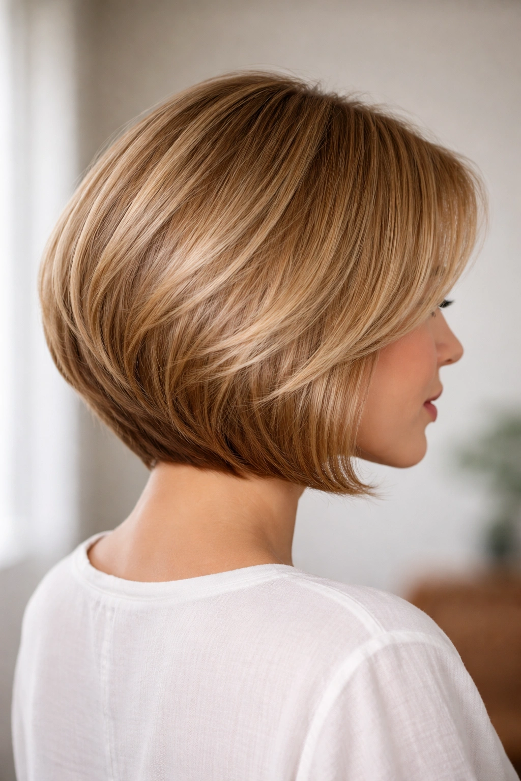 Rounded bob hairstyle with a full crown lift shown on head-and-shoulders portrait