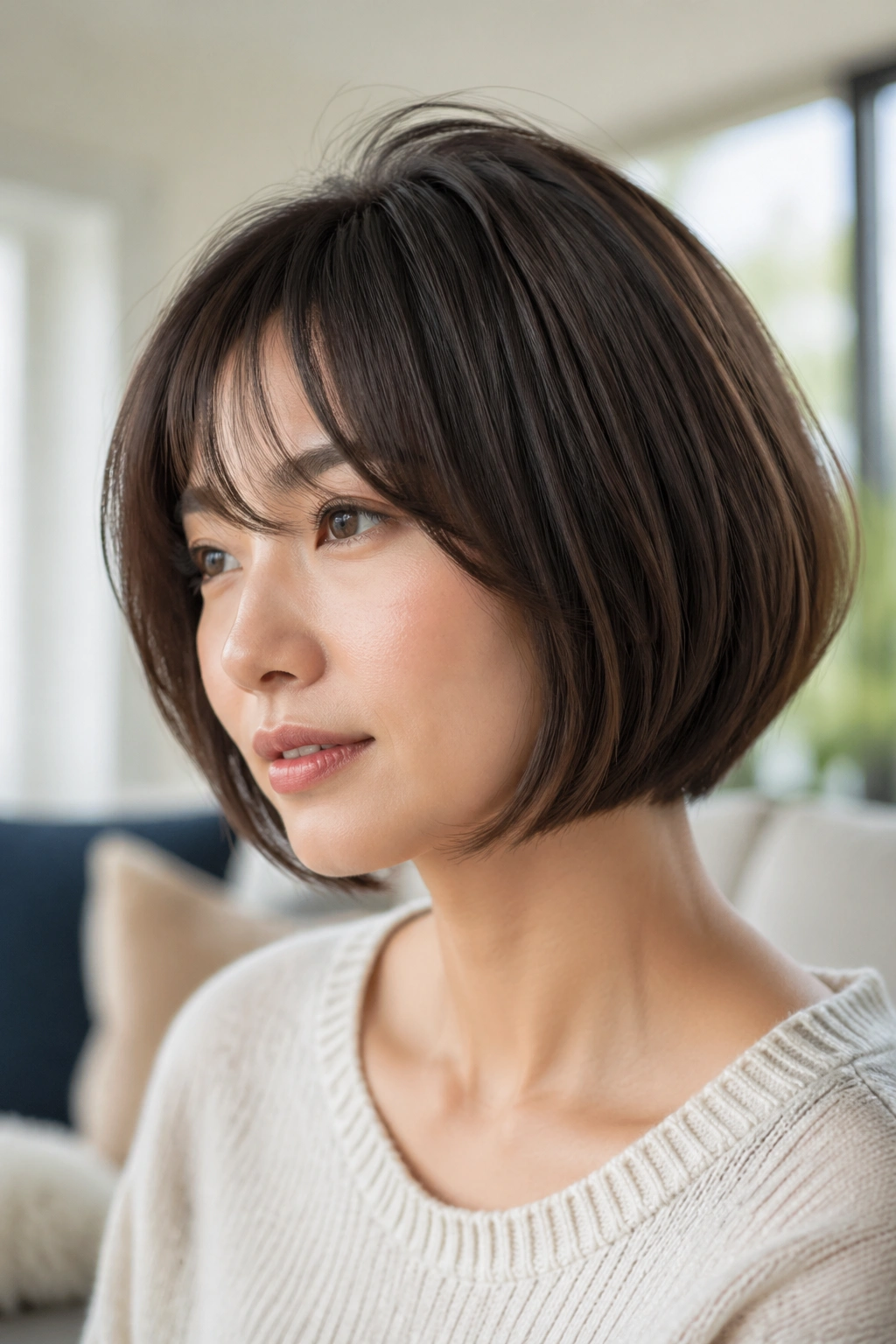 Portrait of real person with rounded bob and crown volume in bright room