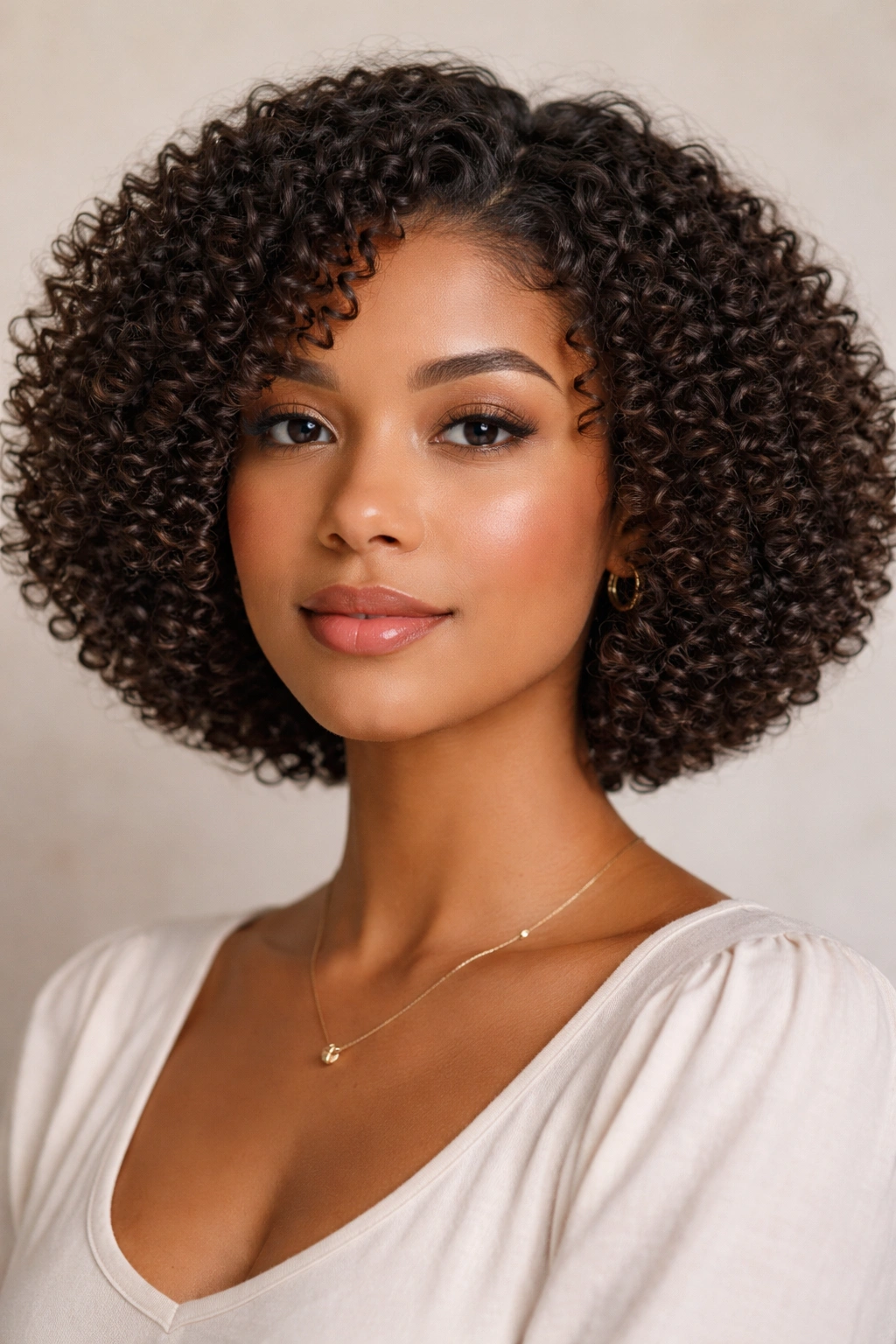 Rounded chin-length bob on 3C curls with soft, stacked texture in studio