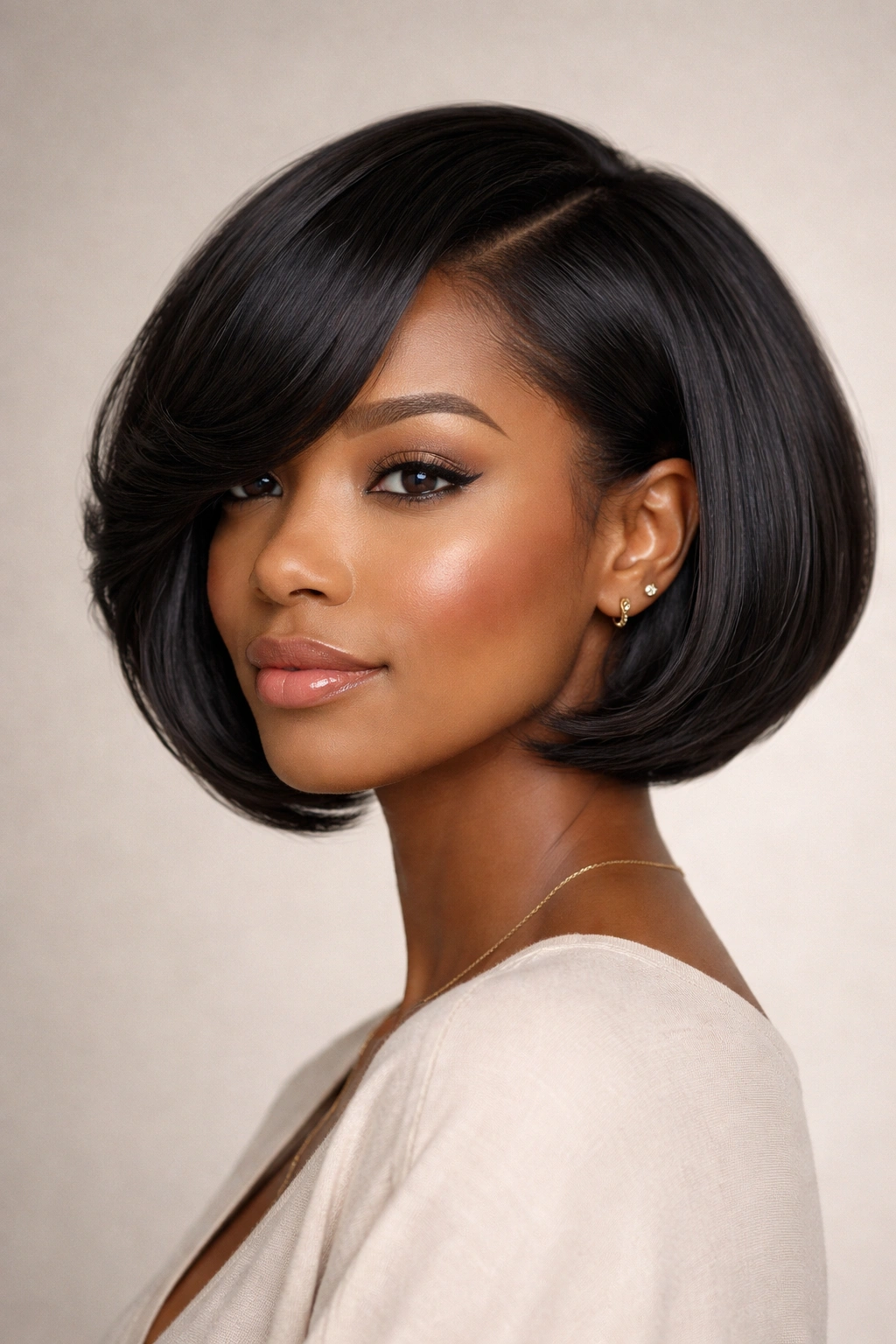 Rounded bob with soft curve following head shape