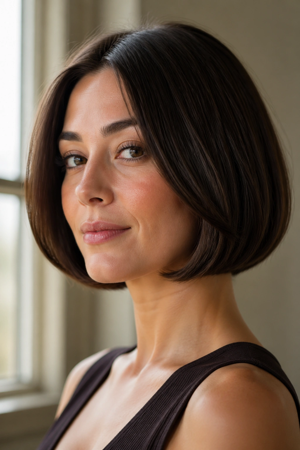Close-up portrait of a woman with rounded bob and curved ends hugging the jawline