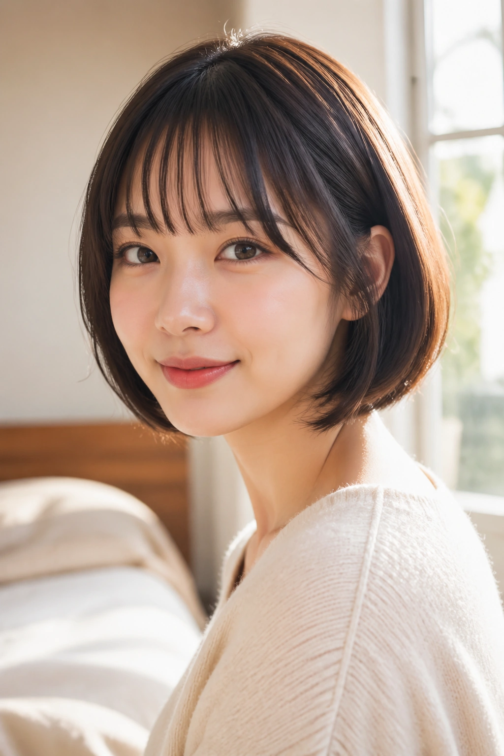 Portrait of real woman with rounded bob and feather-light bangs in sunlit room.