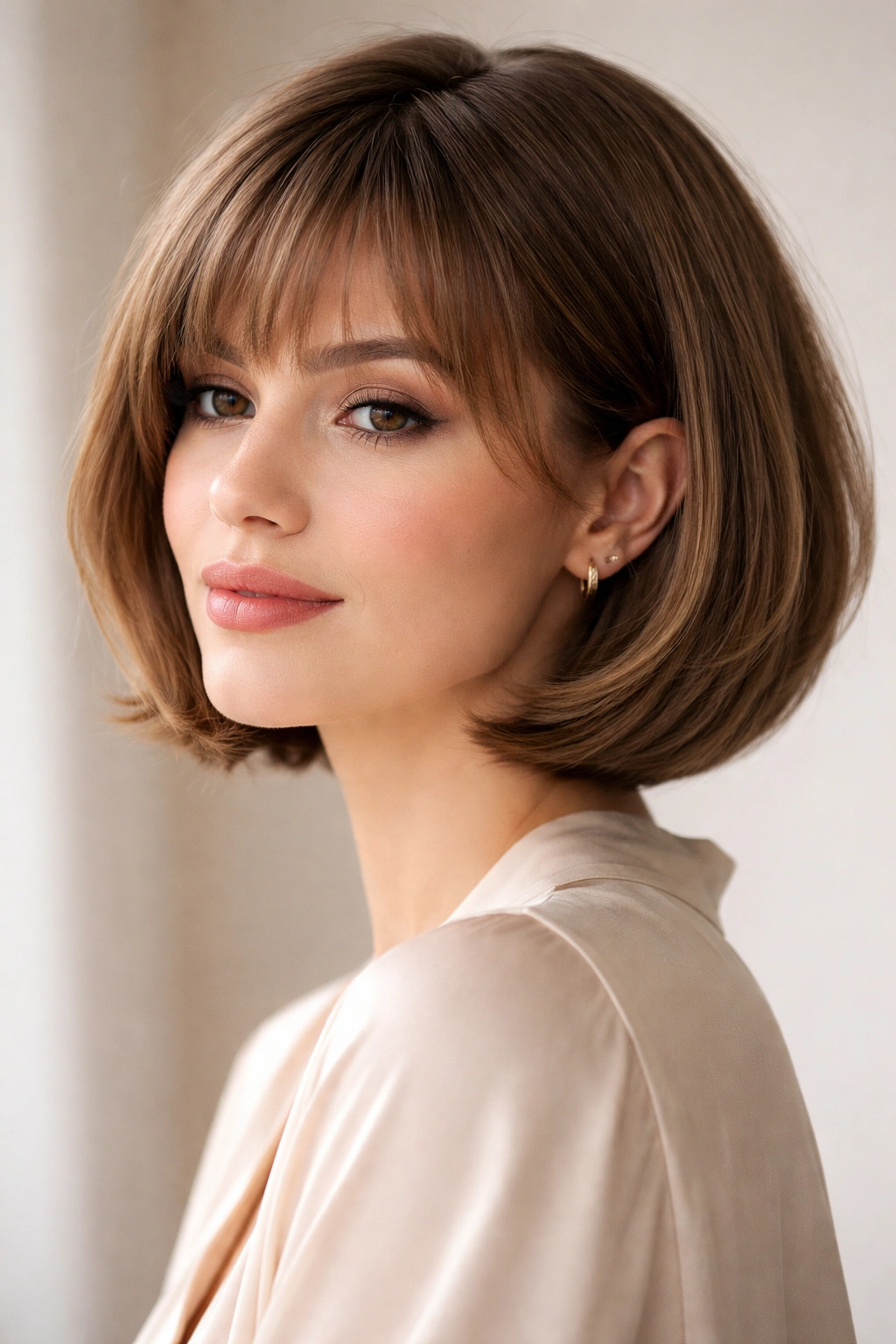 Rounded bob with feathered bangs curving around jaw
