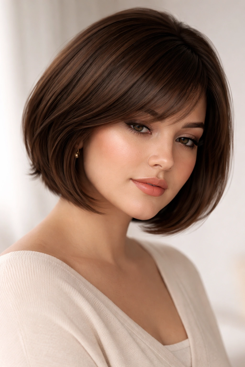 Rounded bob with feathered ends hugging the neck.