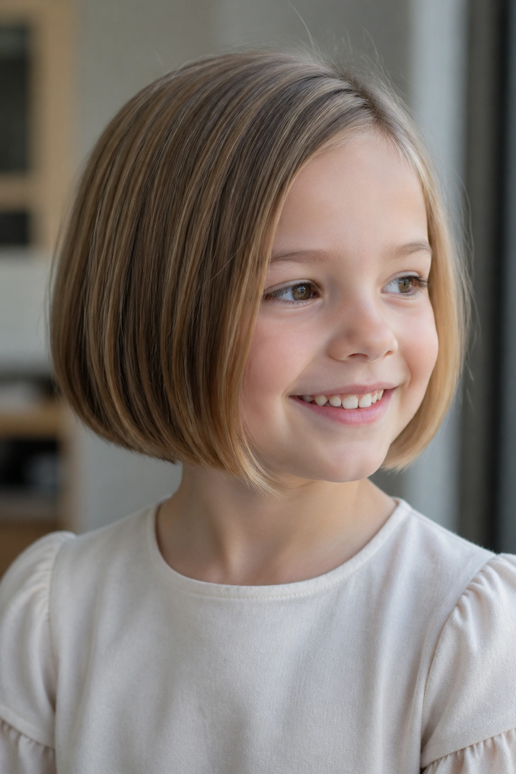 Real child with rounded bob for fine hair in a calm indoor space