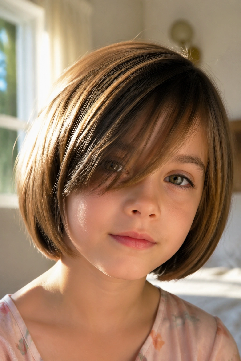 Child with rounded bob and long fringe portrait