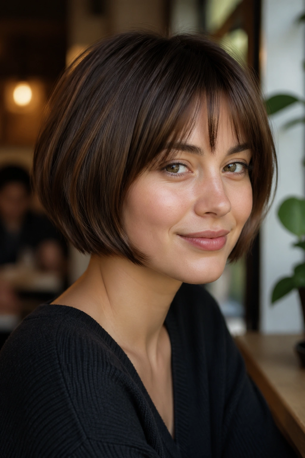 Close-up of a real person with a rounded bob in a warm, cozy cafe setting.