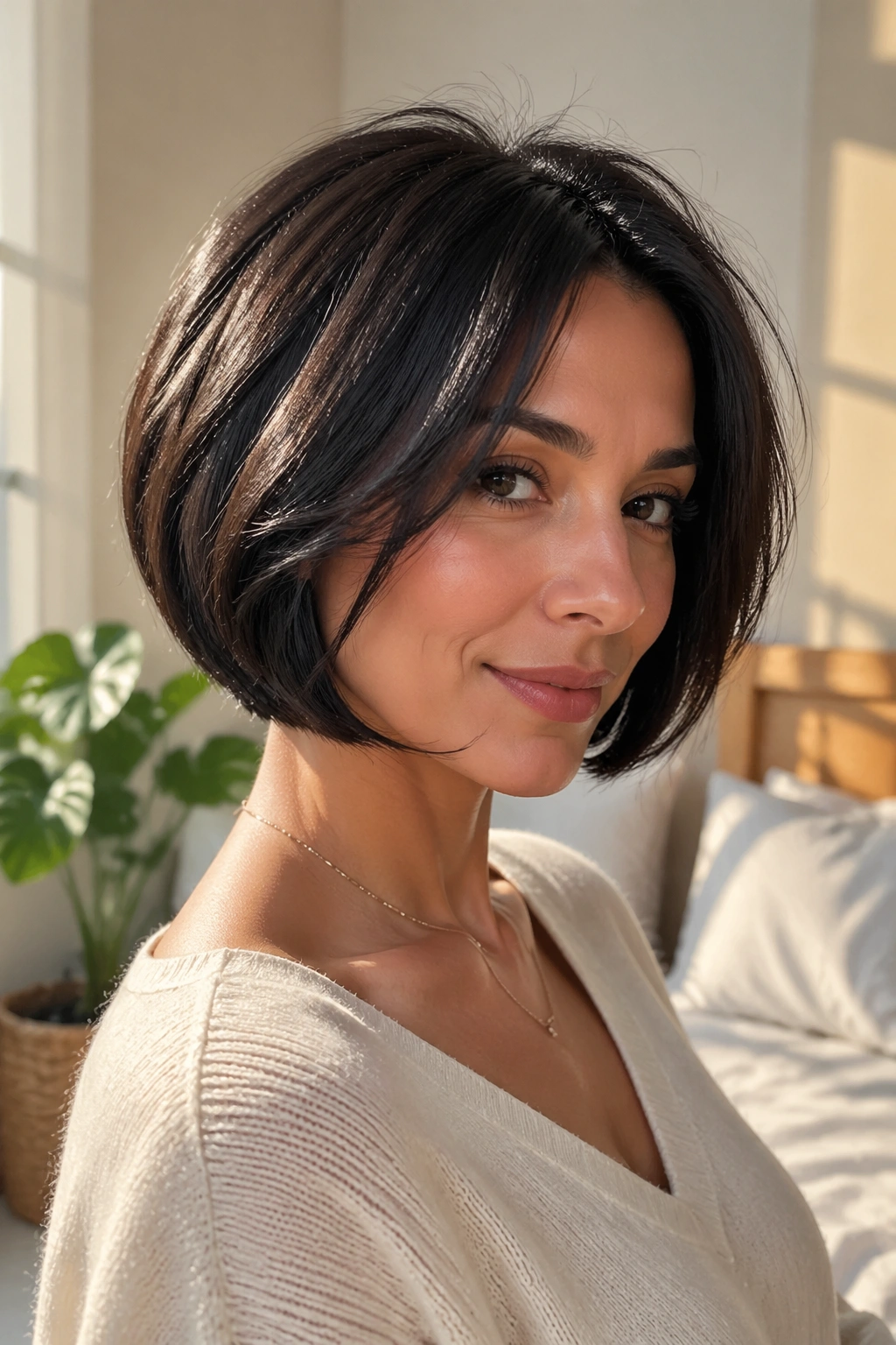Close-up portrait of a real woman with a rounded bob that hugs the neck in warm window light