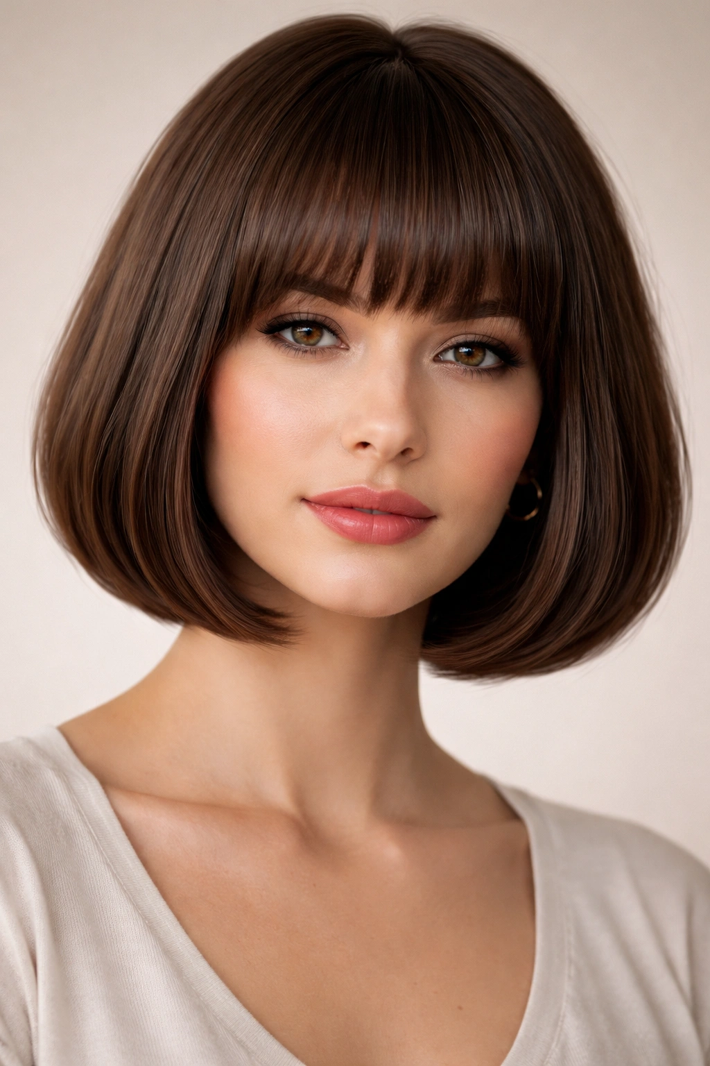 Portrait of a rounded bob with full thick bangs and curved ends.