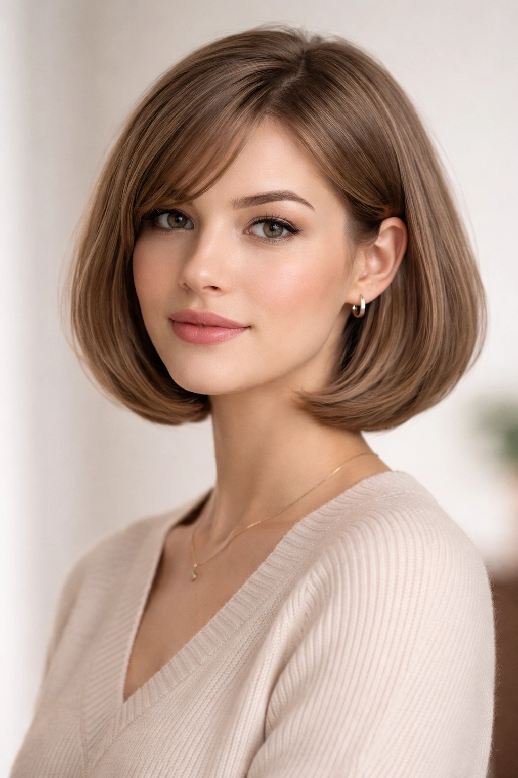 Rounded bob with tucked-in ends, soft side part and curved ends in studio