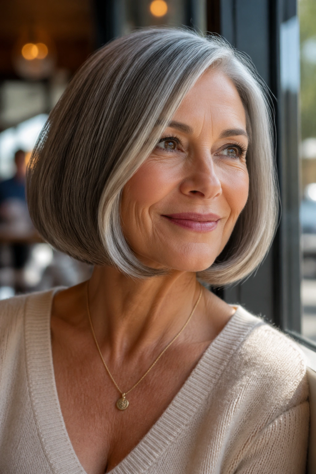 Real woman with rounded bob tucked-under finish in a cafe window seat