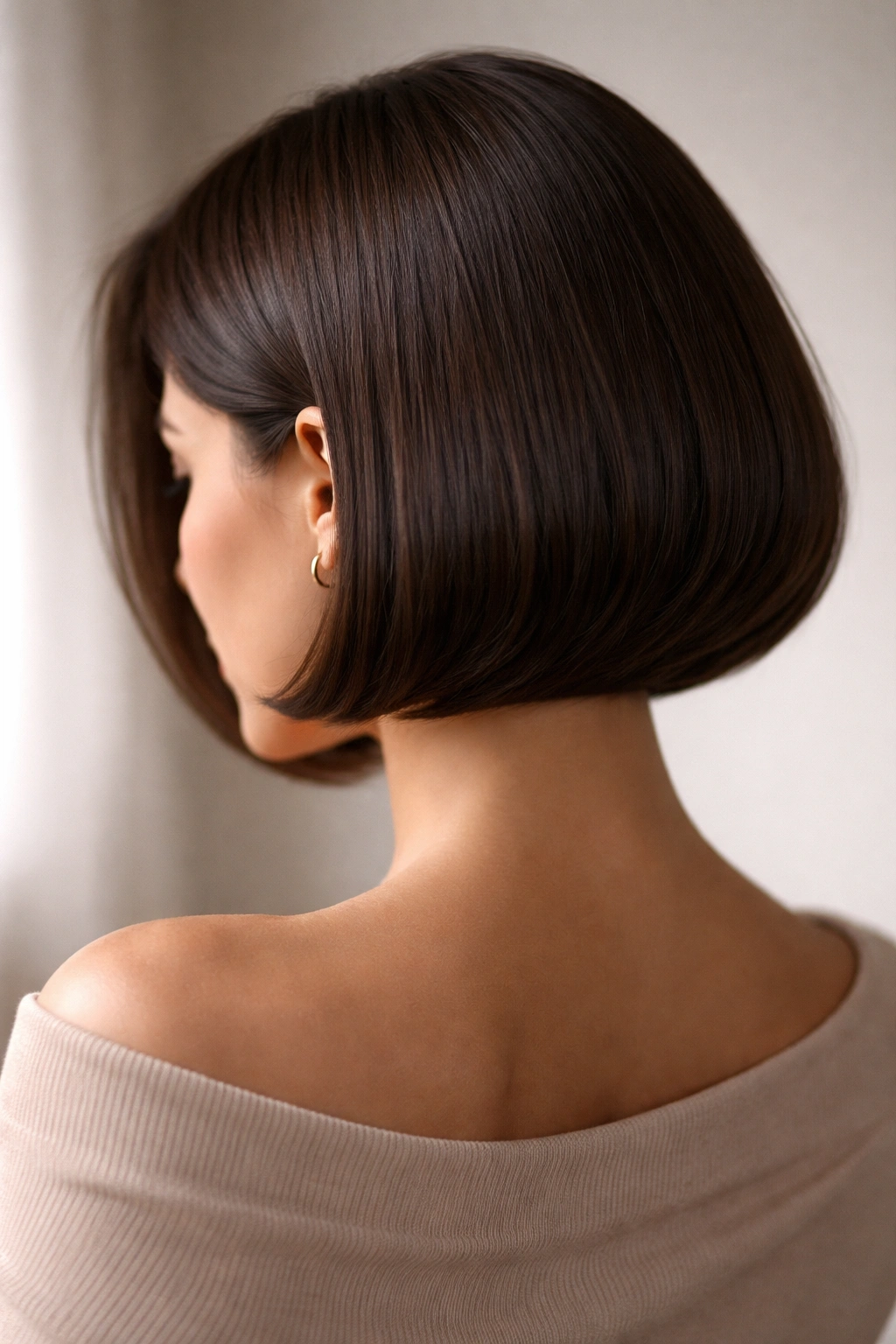Rounded bob with tucked-under ends in dark brown hair