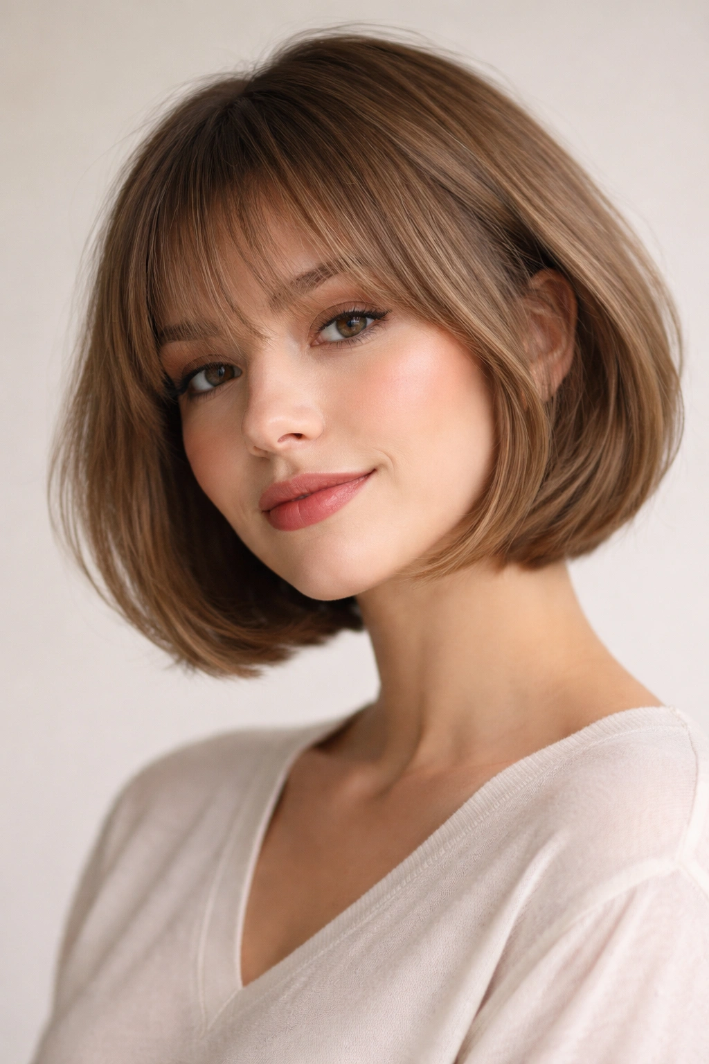 Rounded bob with wispy bangs, soft fringe and rounded silhouette