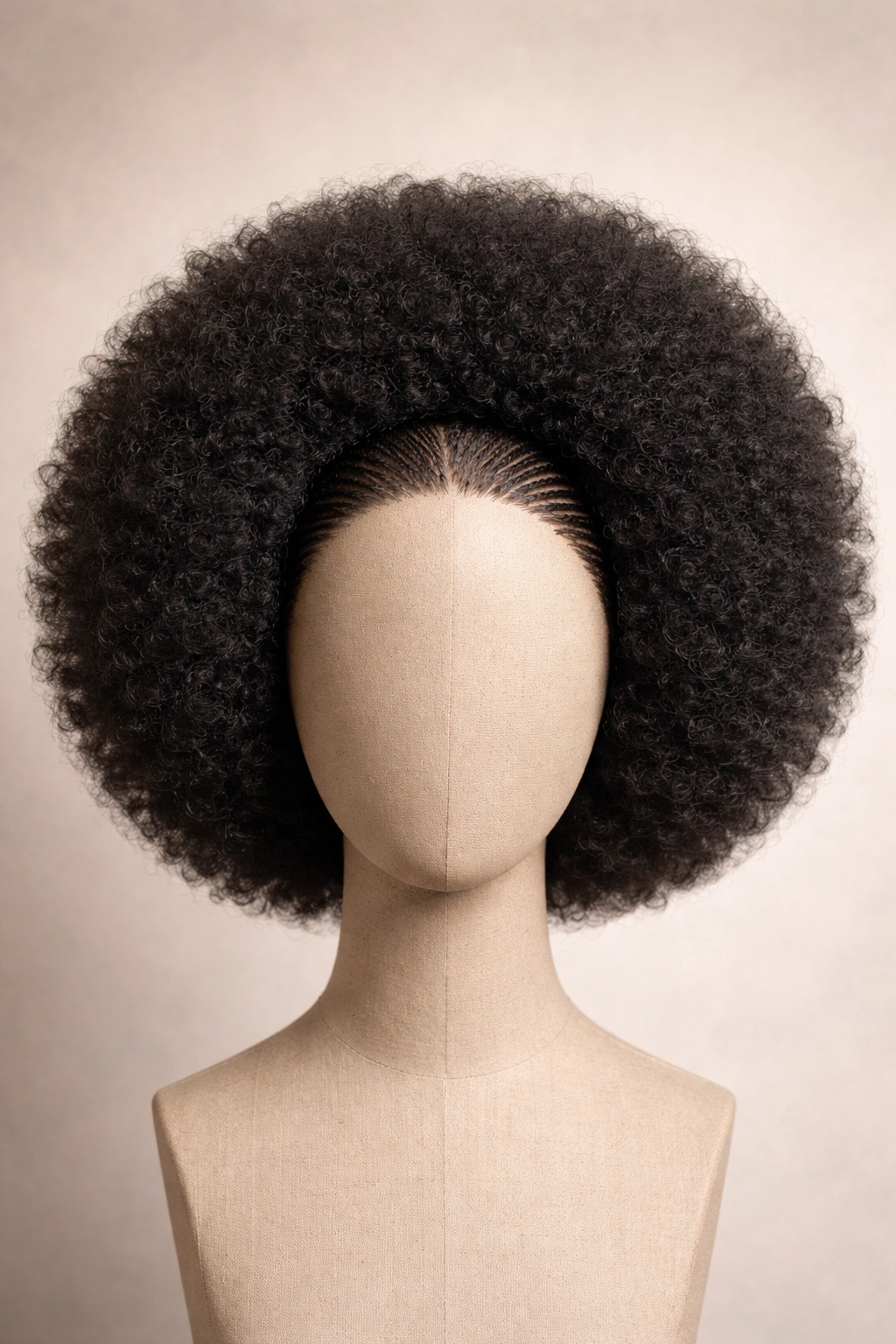 Rounded crochet afro on headform with flat cornrow base and fluffy halo