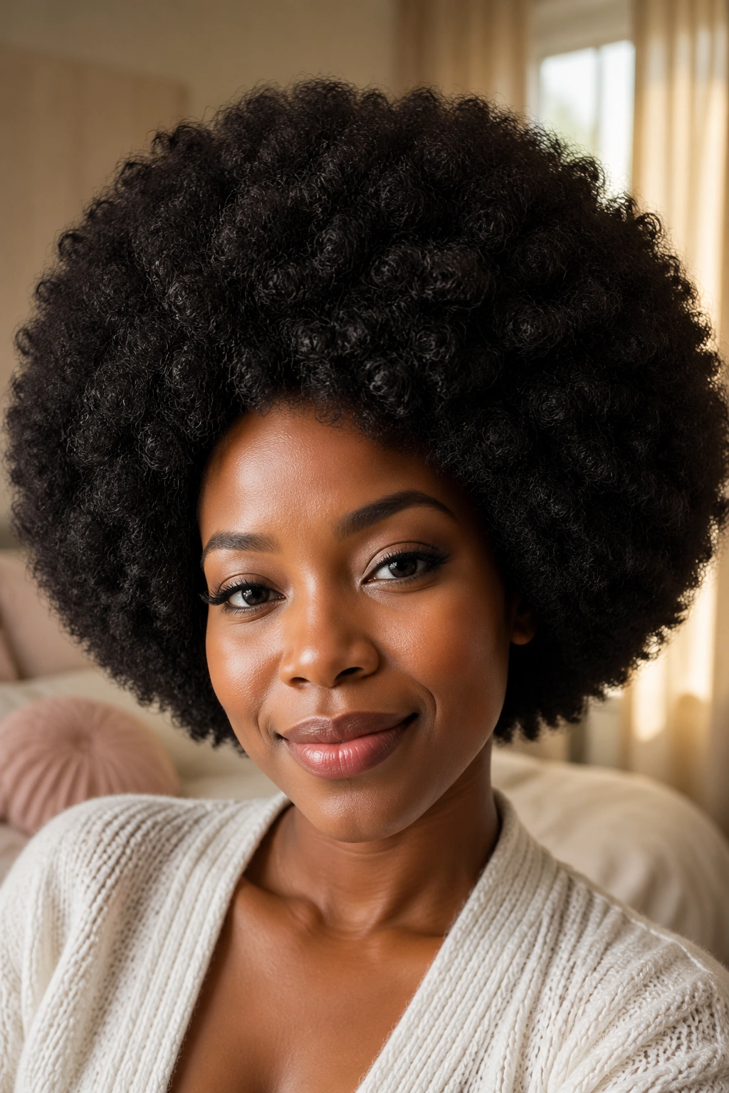 Close-up portrait of a real woman with a plush rounded crochet afro halo