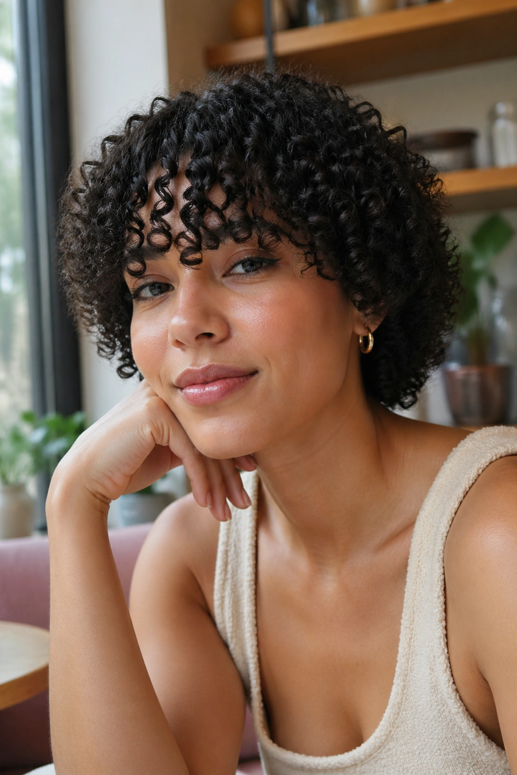 Close-up of a real person with rounded curly crop and fringe below the brow