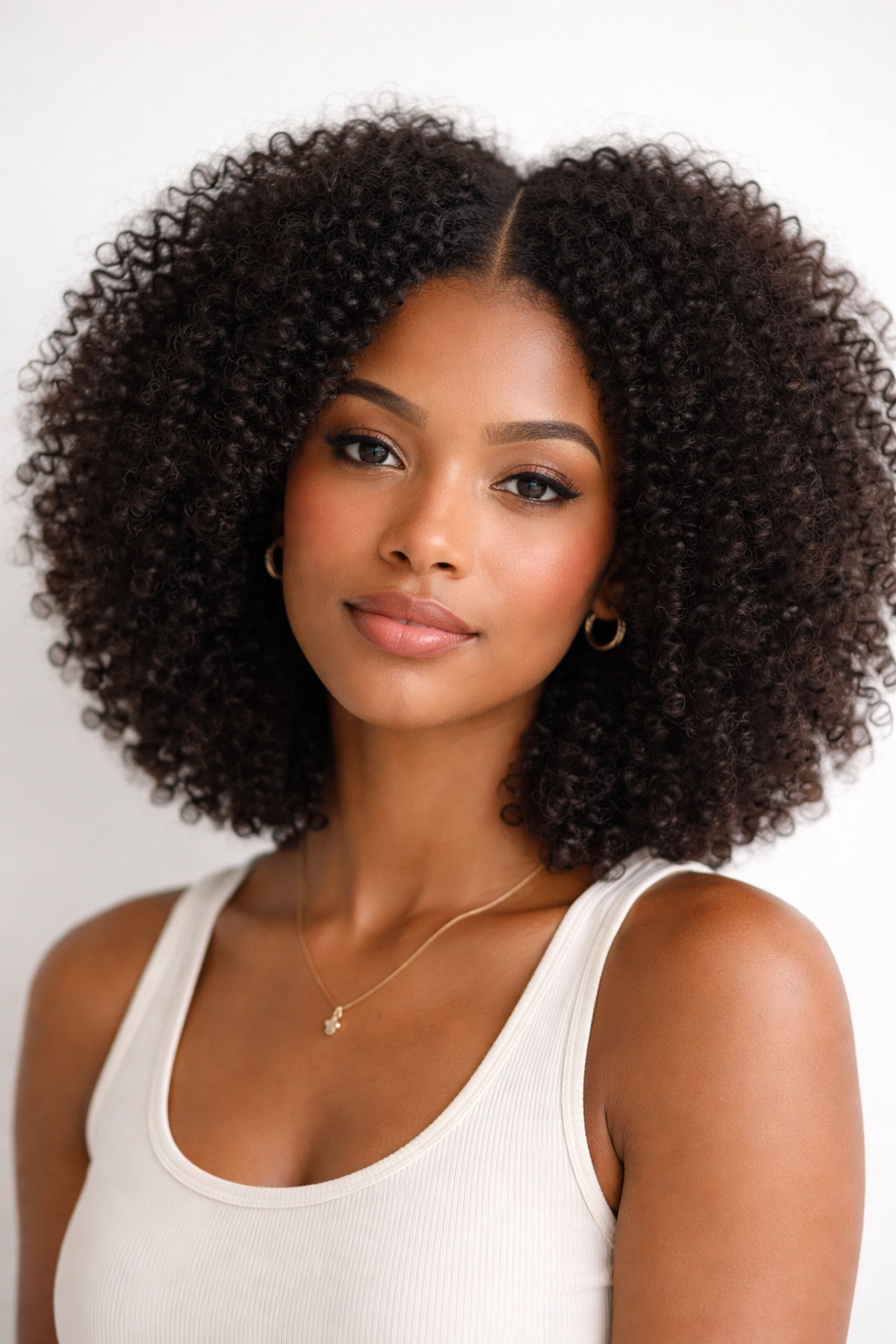 Portrait of a rounded curly afro with a clean part and defined part line