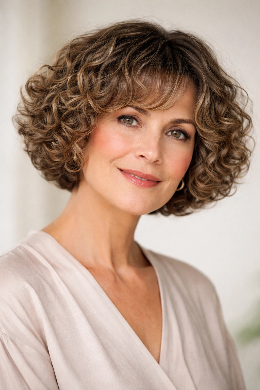 Close-up of rounded curly bob with soft edge on short hair