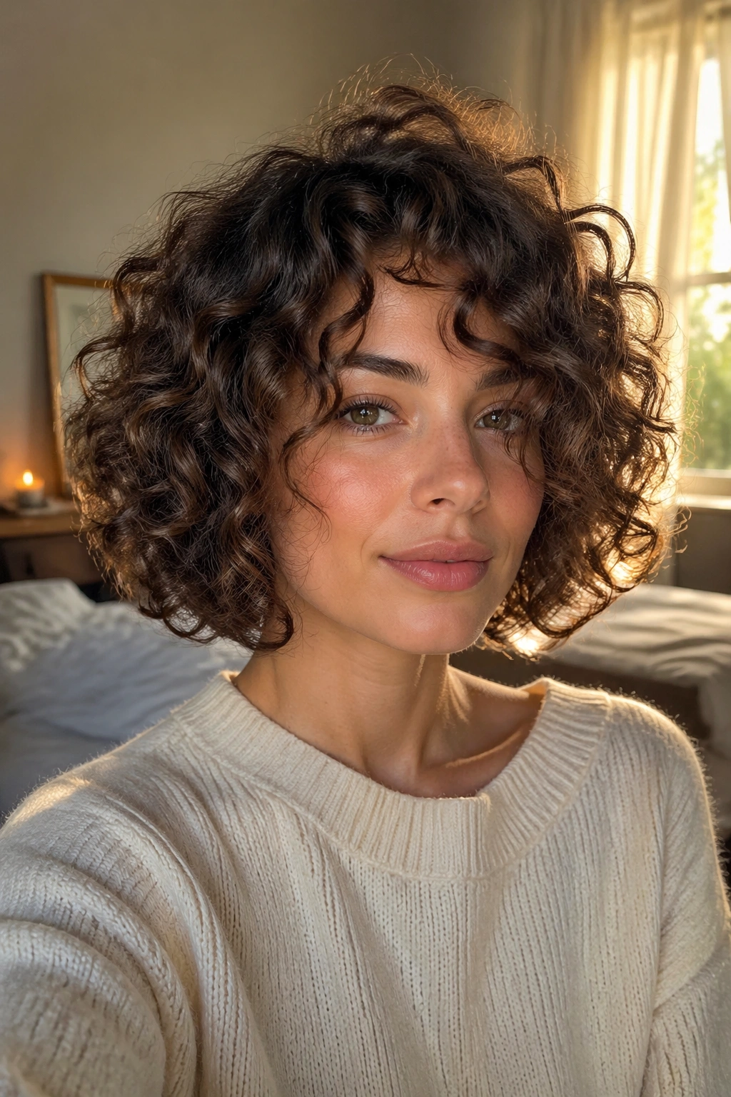 Portrait of a real woman with rounded curly bob and crown volume in warm window light.
