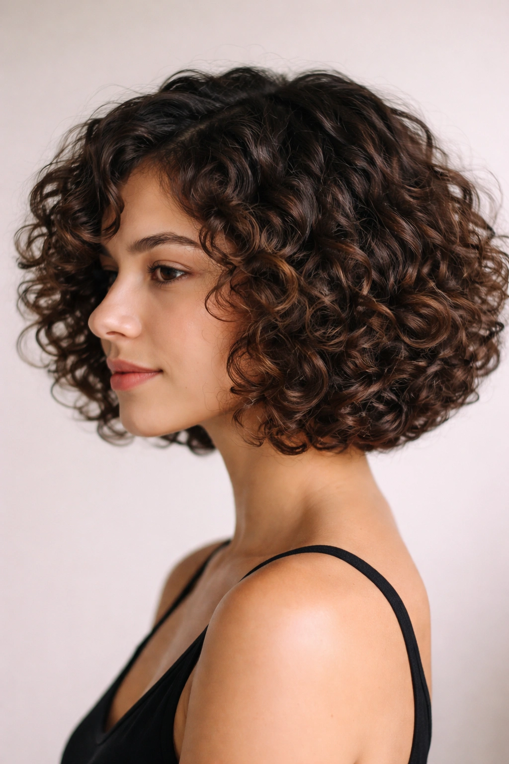 Close-up of a rounded curly bob hairstyle with a soft, head-framing silhouette.