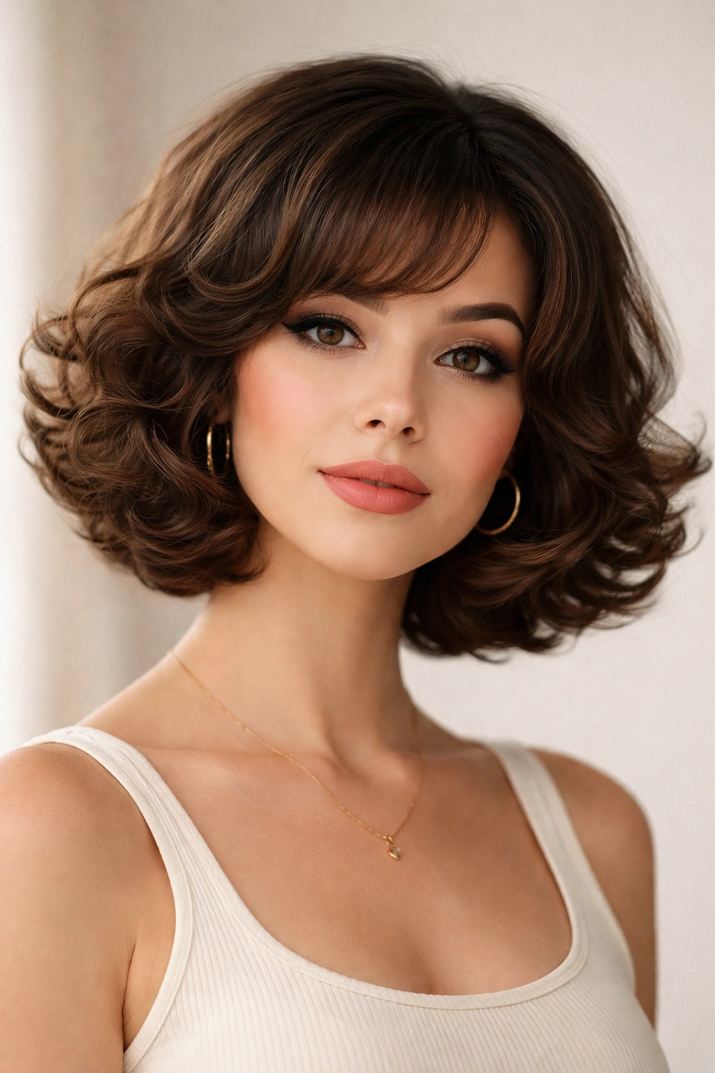 Chin-length curly bob with flipped-out ends framing the face
