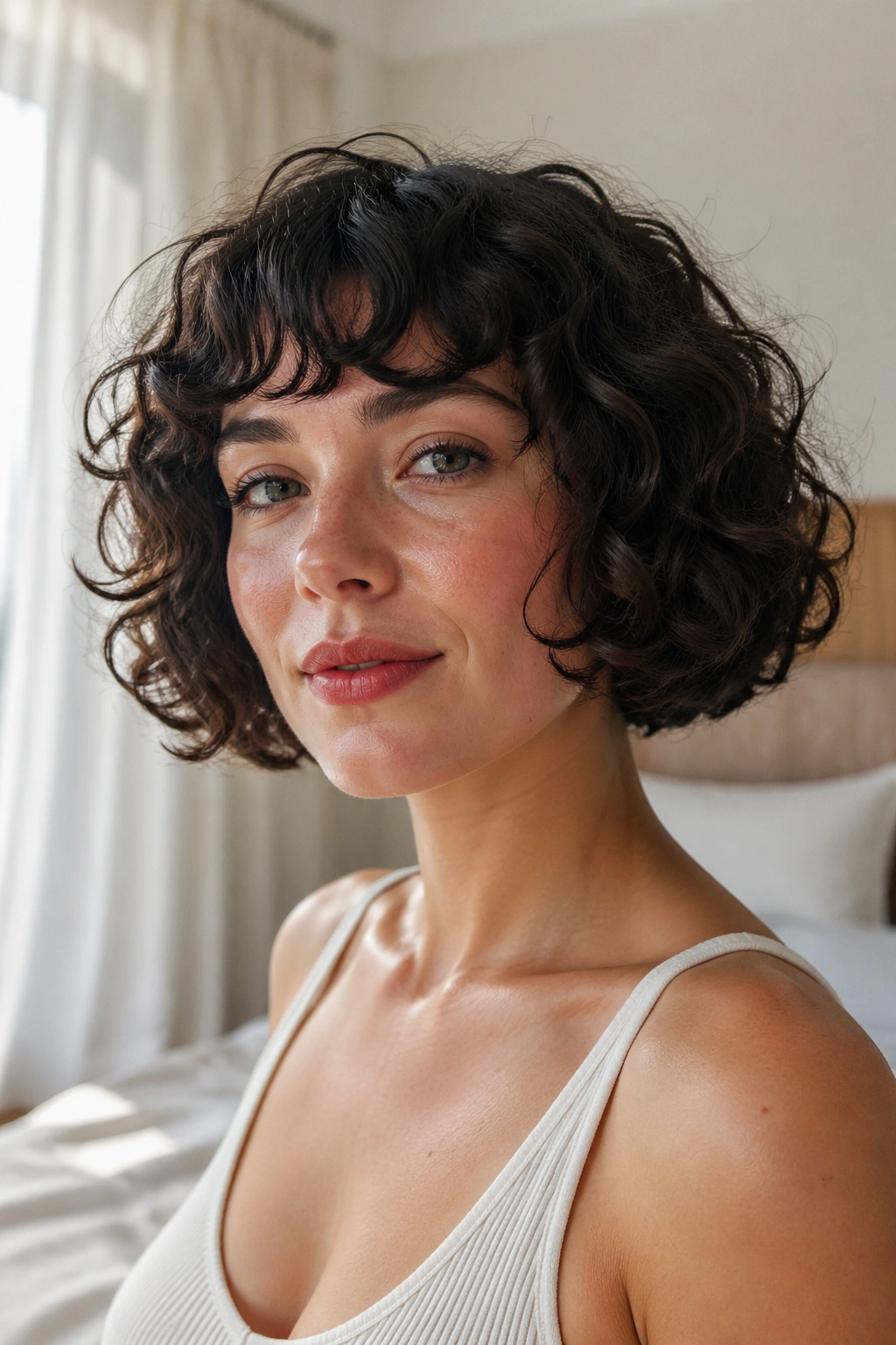 Close-up portrait of a real woman with rounded curly bob and eyebrow bangs
