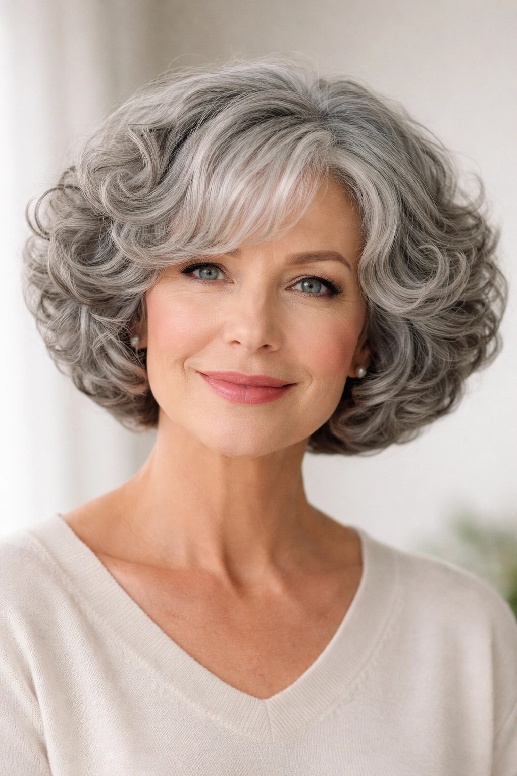 Rounded curly grey bob with defined curls and rounded silhouette.