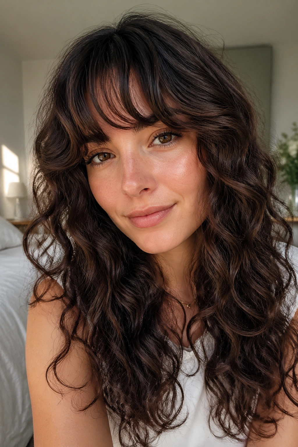 Portrait of a real woman with rounded fringe and soft layers.