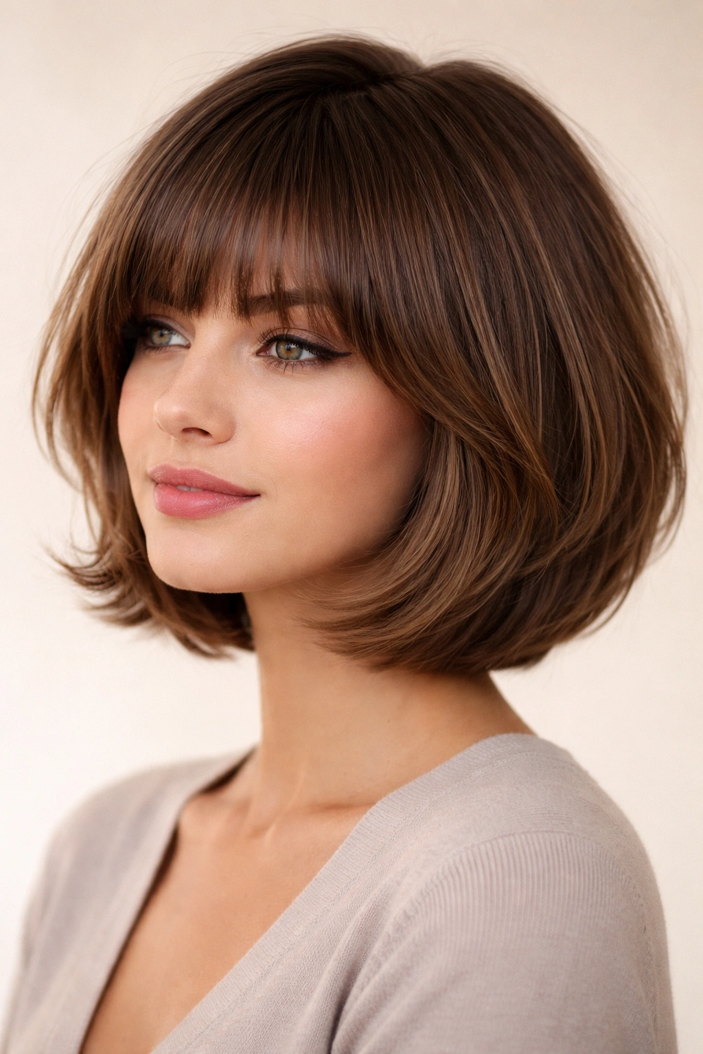 Rounded layered bob with brow-grazing fringe creating fullness