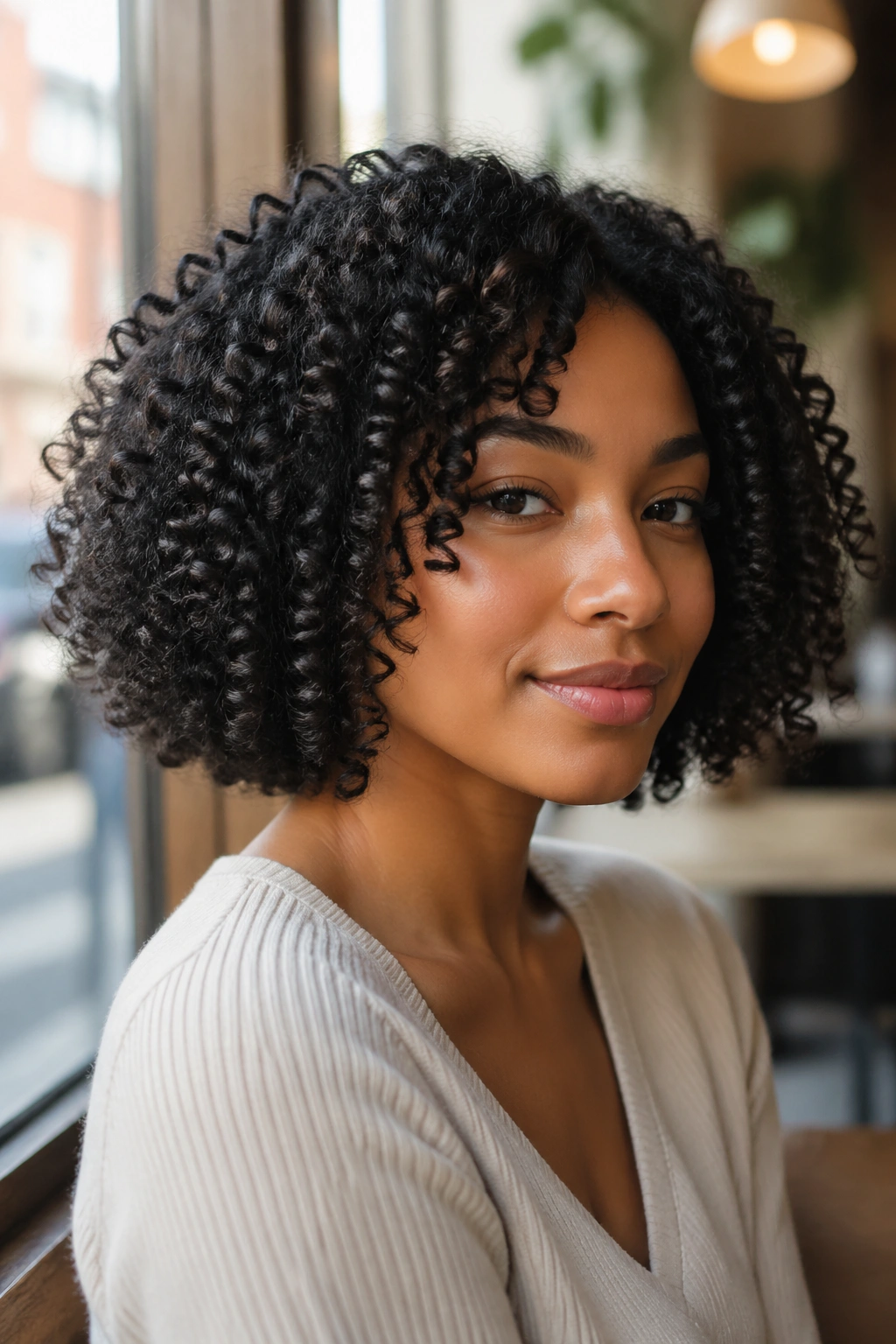 Close-up of real woman with rounded lob on coily hair