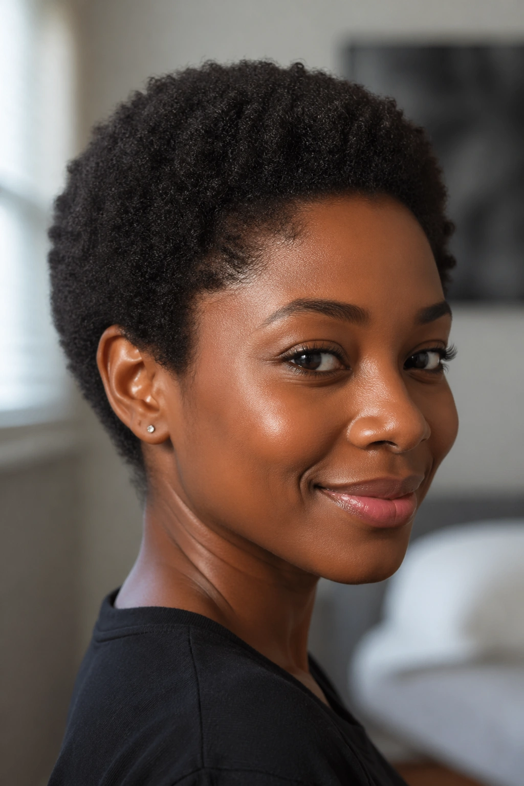 Close-up of a real person with a rounded mini afro.