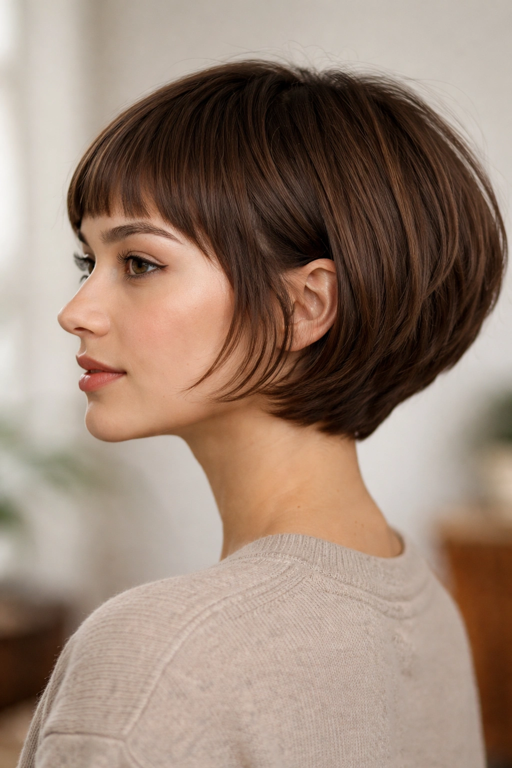 Rounded stacked bob with micro fringe showing rounded silhouette and short fringe.