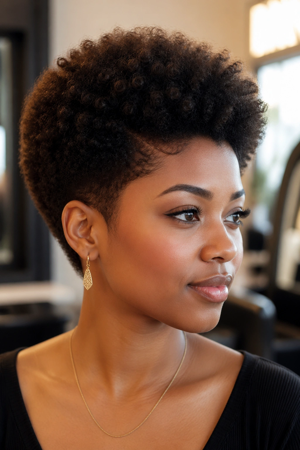 Close-up of a real woman wearing a rounded tapered afro with a full crown and tapered sides.