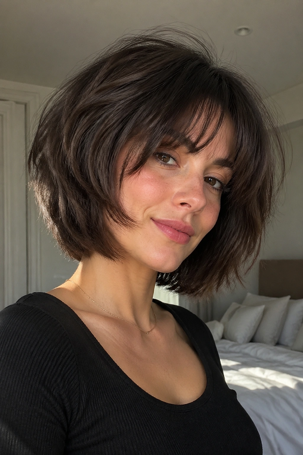 Close-up of a real woman with a rounded, bouncy wolf cut bob in natural light.